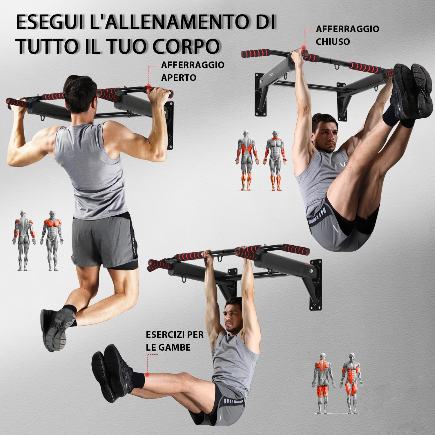 Sbarra Trazioni a Muro Fino a 250KG, Barra per Trazioni con Impugnature Antiscivole, Pull Up Bar Multifunzionale per Casa, NV-166