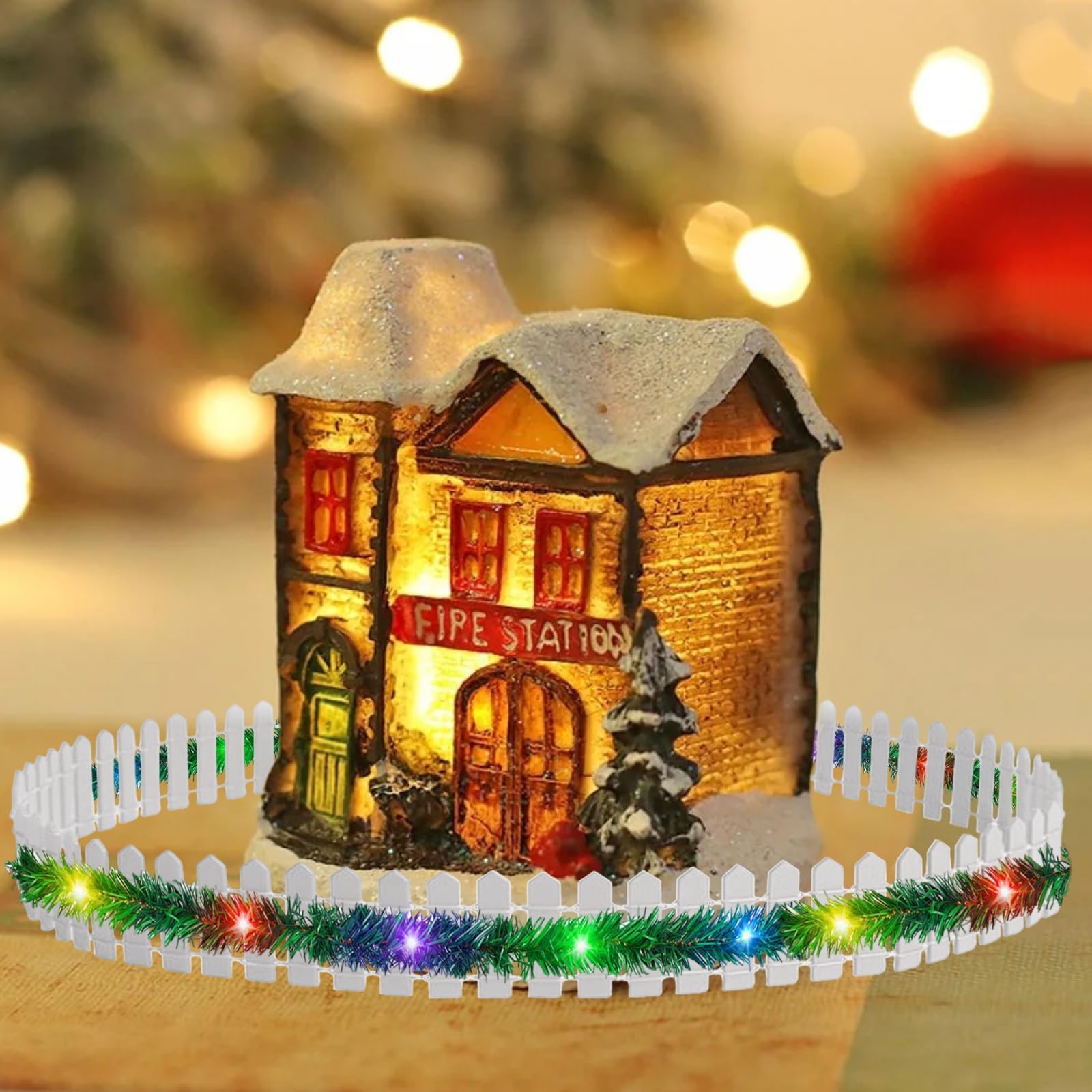 Accessoires Miniature Pour Décoration De Noël - Clôture En Bois 90 Cm & Guirlande Lumineuse 100 Cm - Pour Maison De Poupée, Pot De Fleurs - 8