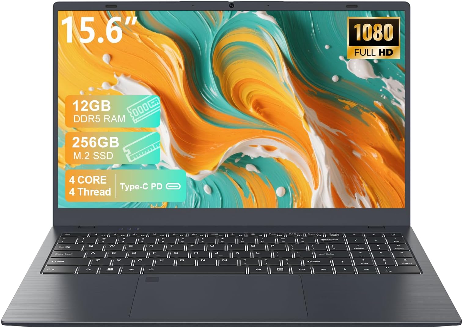 Laptop Computer, 15.6" FHD IPS Display, N95 Processor (Beat N5095), 12GB High-Speed DDR5 RAM 256GB SSD, WiFi 6 BT 5.3, Fingerprint , Backlit Keyboard, Lightweight Notebook for Business Student Office
