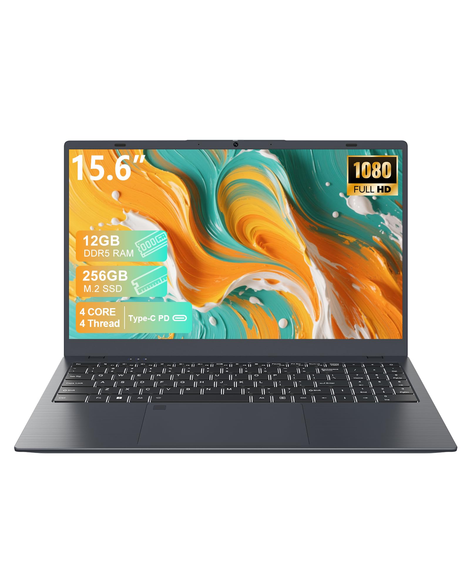 Laptops 2025 with 12GB DDR5 RAM 256GB SSD, 15.6 Inch FHD Laptop Computer, N95 Processor(up to 3.4GHz), Backlit Keyboard, Fingerprint Unlock, WiFi 6, Bluetooth 5.3