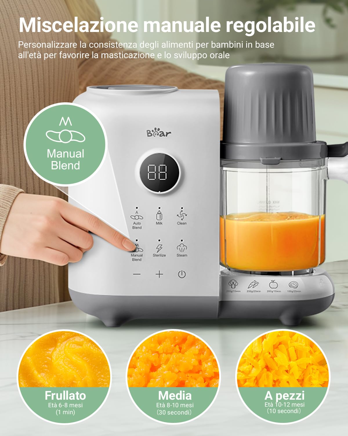 Bear Cuocere a vapore 6 in 1 con mixer Premium per alimenti per bambini (Bianco)
