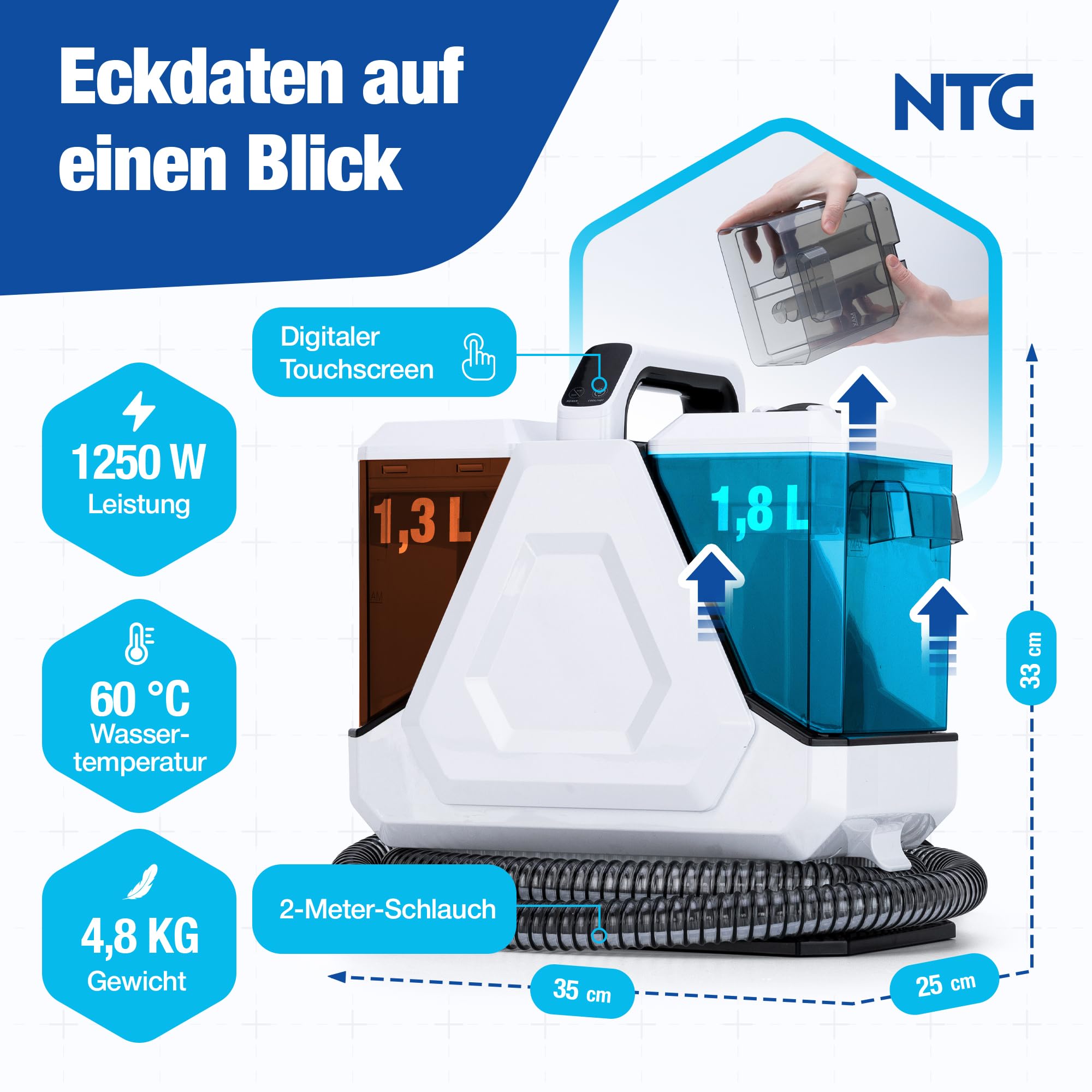 Polsterreiniger Gerät 550W | Kompakter Teppichreiniger & Waschsauger | Tragbarer Nasssauger | Auto Nass Trockensauger | für Teppich, Autositze, Sofas & Polster | Effektive Tiefenreinigung (bis 60 °C)