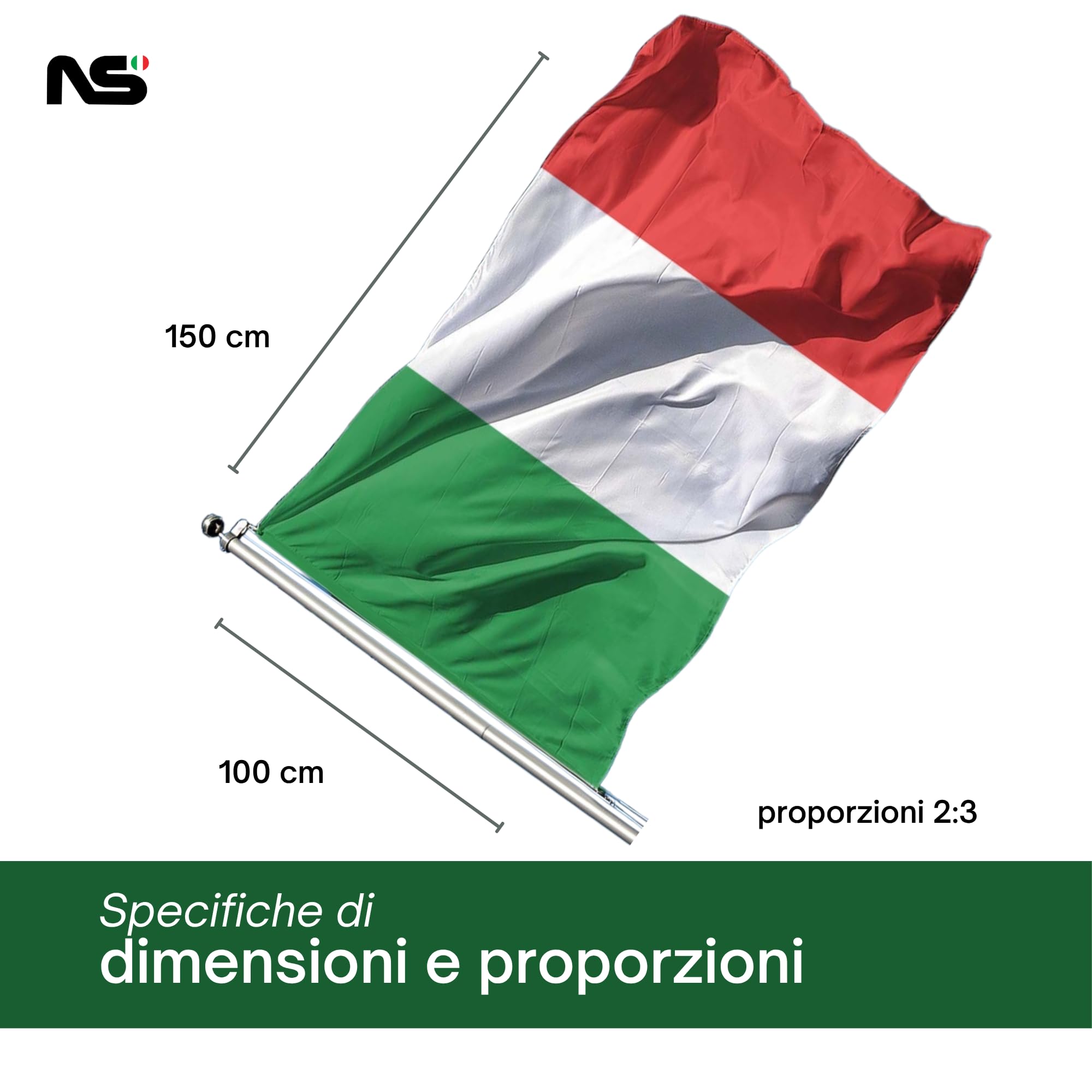 NS BANDIERE | Bandiera Italia cm100x150 da Esterno Tessuto Pesante Stamina Nautica di 220gr con Corda Laterale