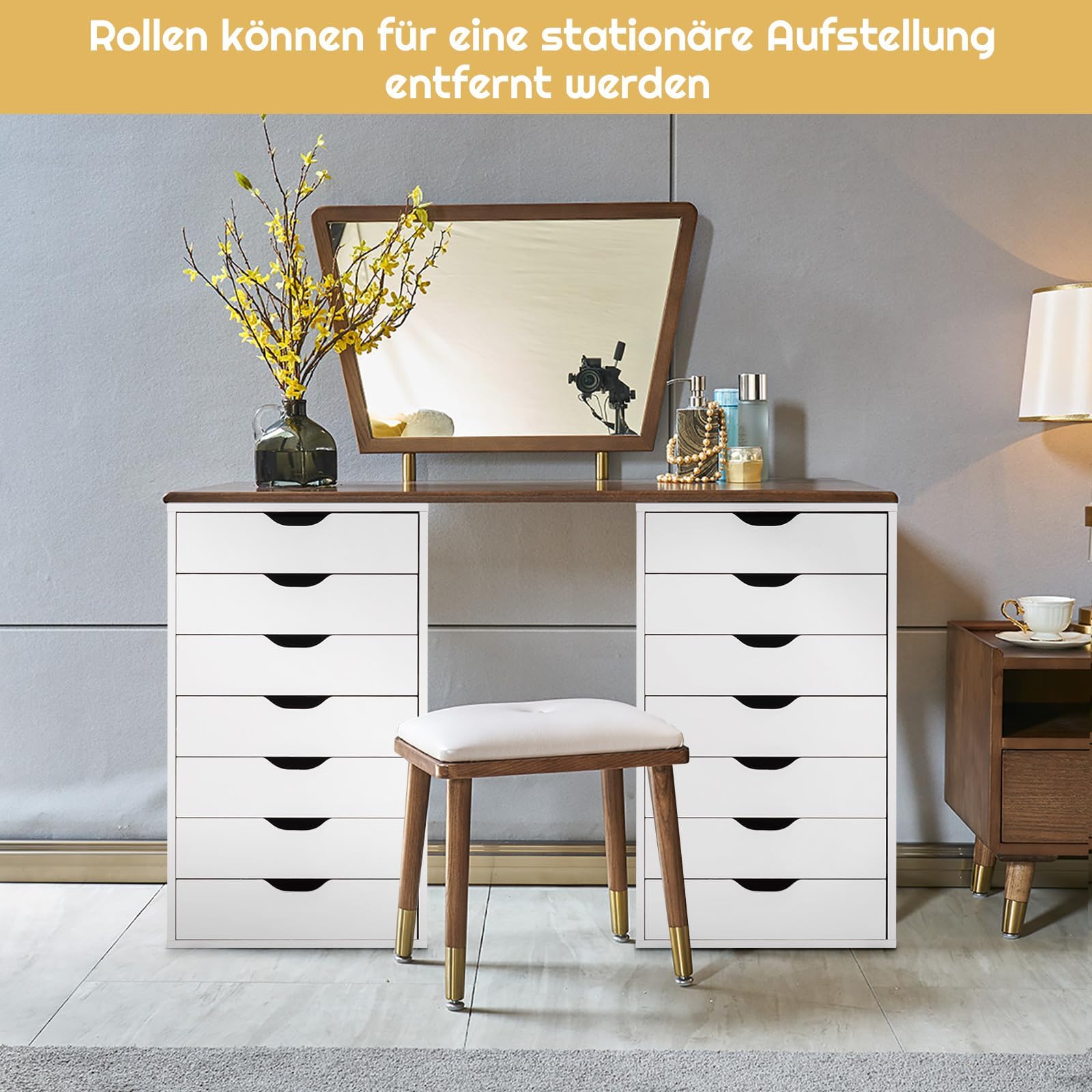 FANTASK Bürocontainer mit Rädern, mobiler Schubladenkommode mit 7 Schubladen, Rollcontainer Schubladenschrank, Aktenschrank Rollwagen, Rollschrank für Zuhause Büro (Weiß)