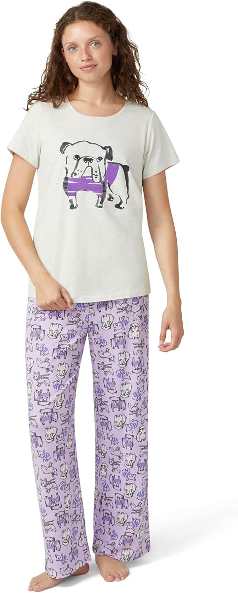 HUE Conjunto de pijama súper suave para mujer de 2 piezas que incluye camisa de pijama de manga corta adornada y pantalones largos