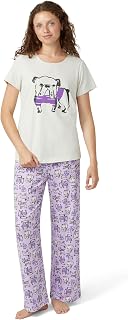 HUE Women's Super Soft Pajama 2 Piece Set Includes Embellished Short Sleeve Pj Shirt and Long Pants