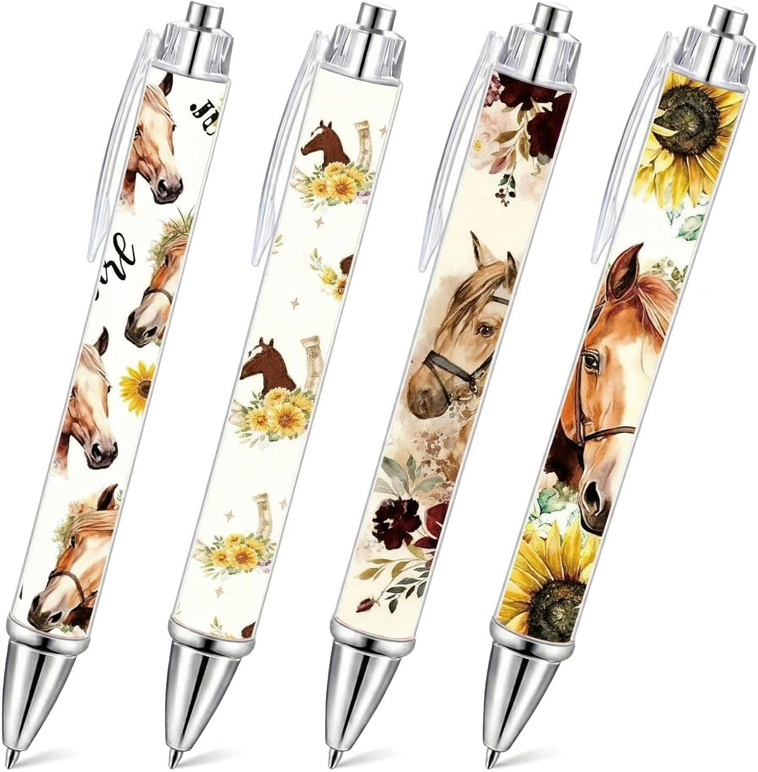 iPhox 4 Pack Animal Pattern Ballpoint Pens, Cute Novelty Stationery for Equine Fans, Desk Planner Accessories, Ideal Gift for Girls & Women for School & Office Use