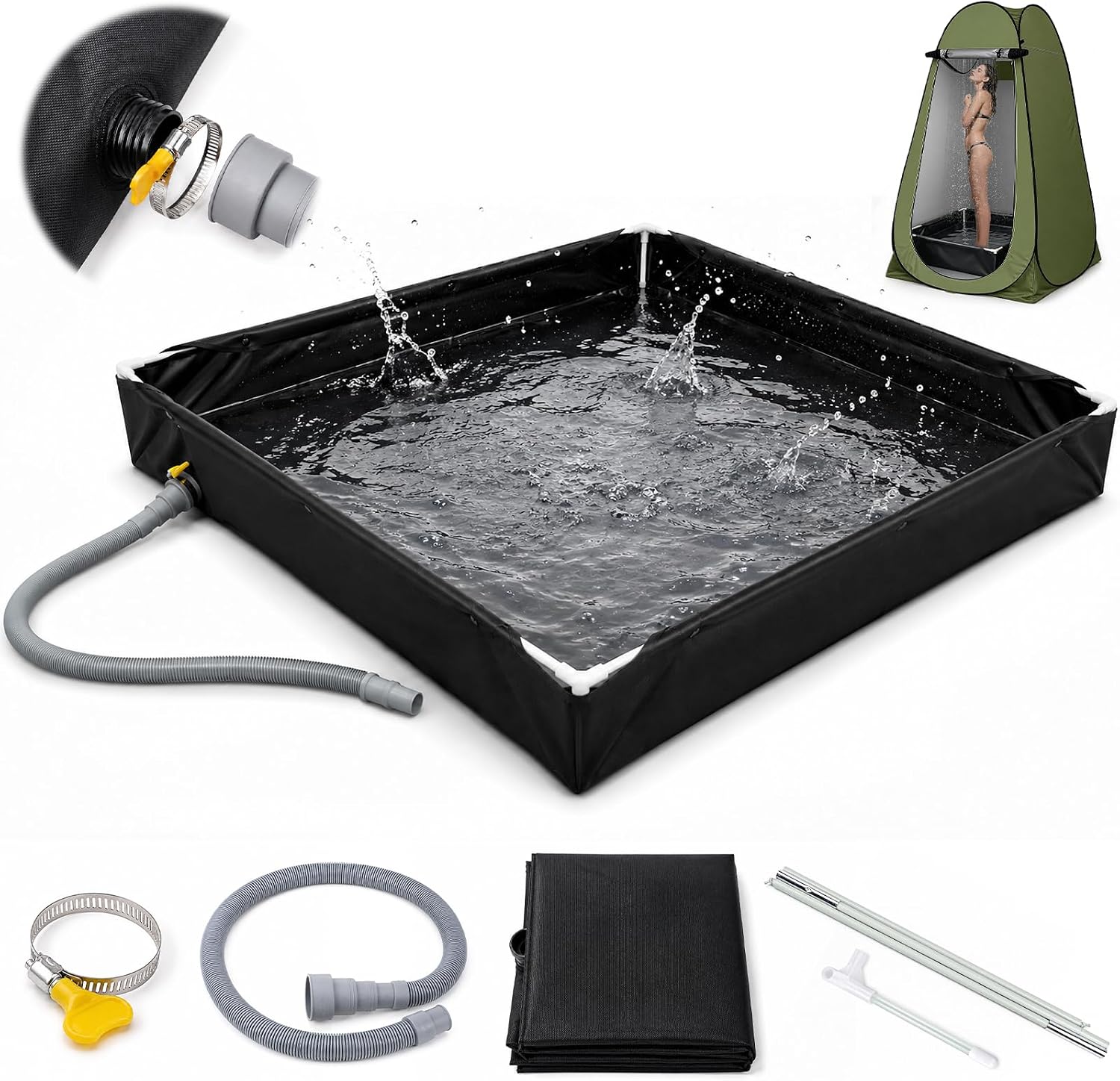 Portable Shower Pan, 40"x40"x6" Foldable Shower Base & Basin Floor with Detachable Drain Pipe - Camp Shower Base for RV, Beach, Pet Bath, Hiking, RV Setup, Camping, Indoor Shower Stall Enclosures