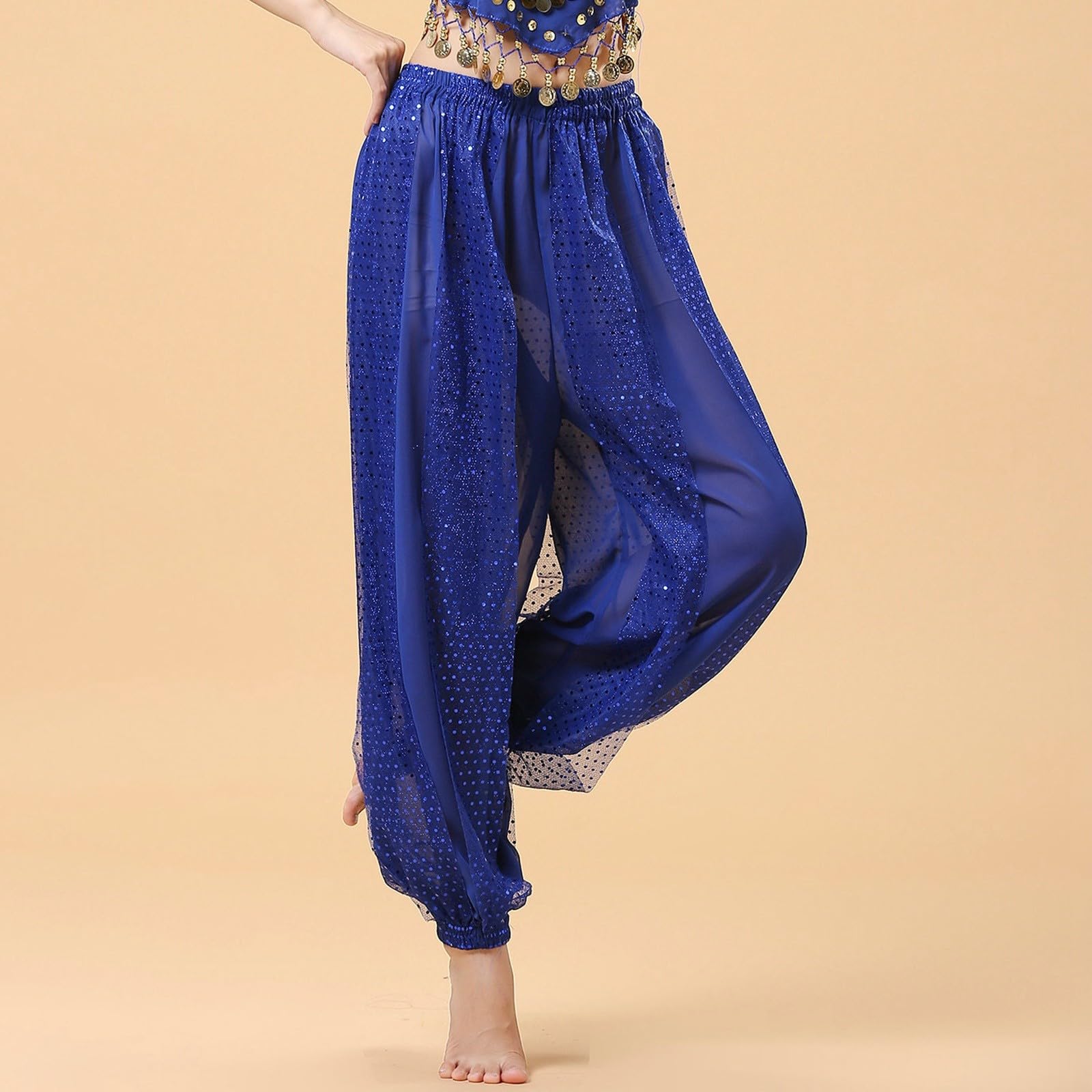 Generisch Pantalones harén de danza del vientre para mujer, chifón, tribal, india, disfraz de danza del vientre, pantalones árabes, lentejuelas, brillantes, sueltos, danza del vientre, traje bombachos