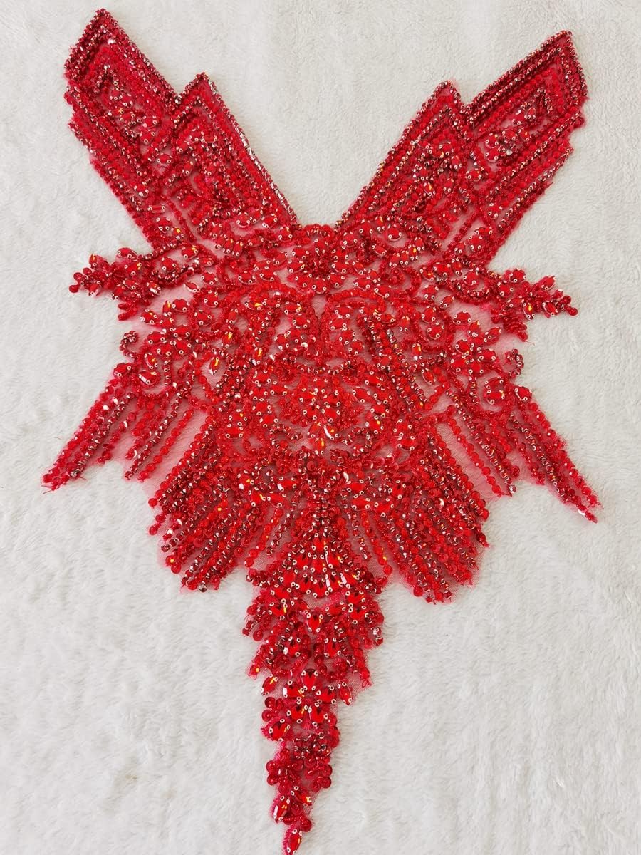 Handmade Rhinestones Applique Glass Stones Beads Bright Crystal Lace Patches Bodice Accessories for Weding Dress Decorations 14.17X24.4inches (Red)