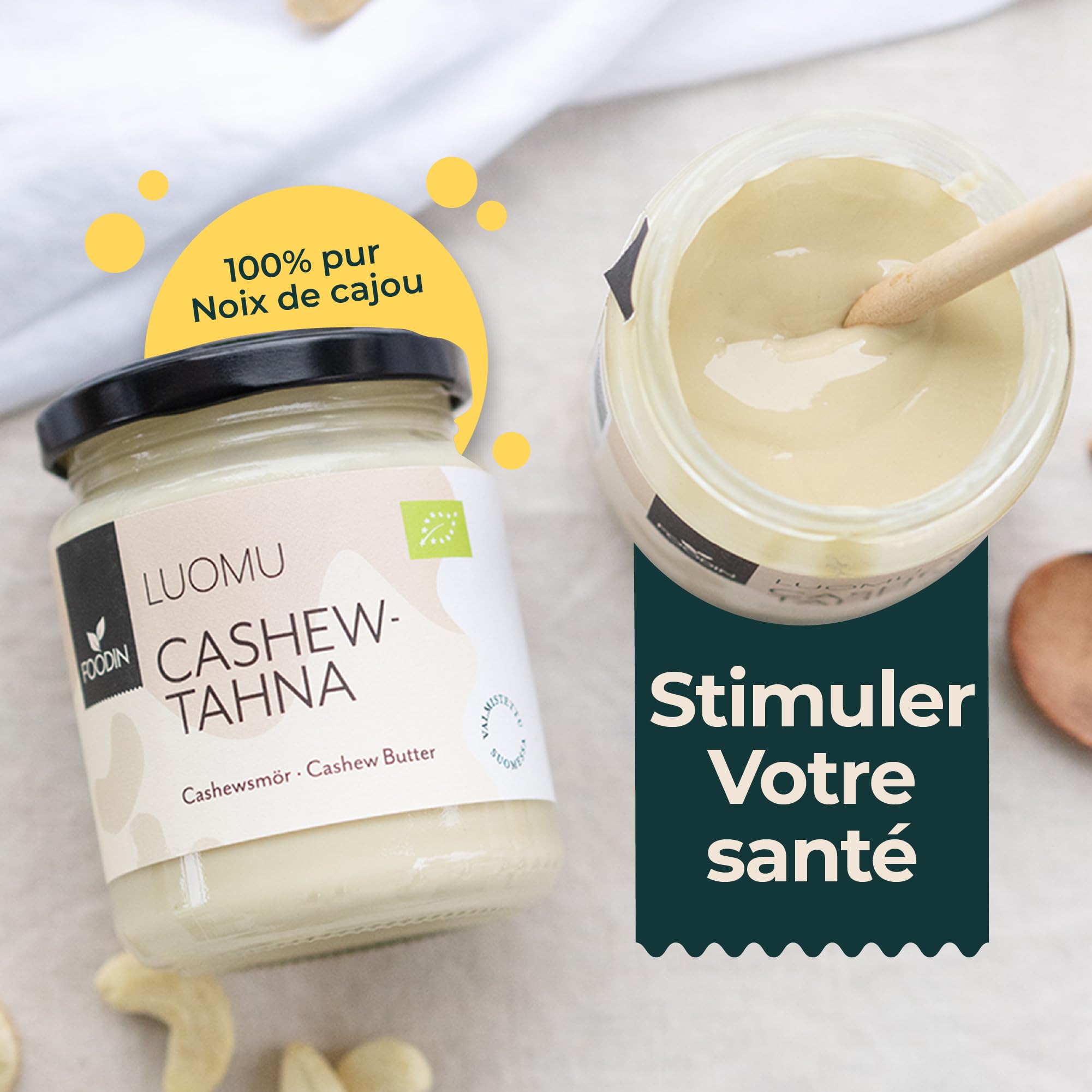 FOODIN Noix de cajou bio dans un verre – 100 % naturel noix de cajou, beurre de cajou (2 x 250 g)