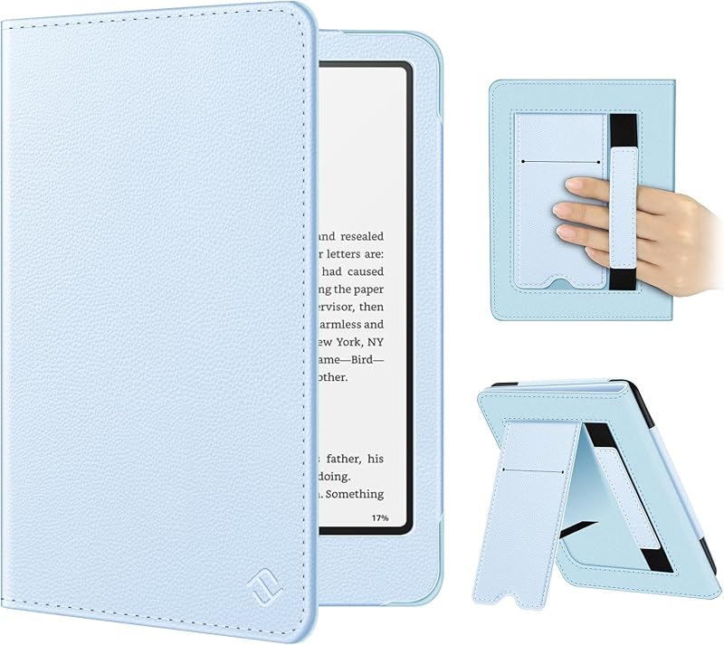 Fintie Case for 7"/6.8" Kindle Paperwhite 12th/11th Gen & Kindle Colorsoft | Foldable Kickstand, Card Slot, Hand Strap, Auto Sleep/Wake, PU Leather Stand Cover, for Paperwhite 2024/2021, Sky Blue