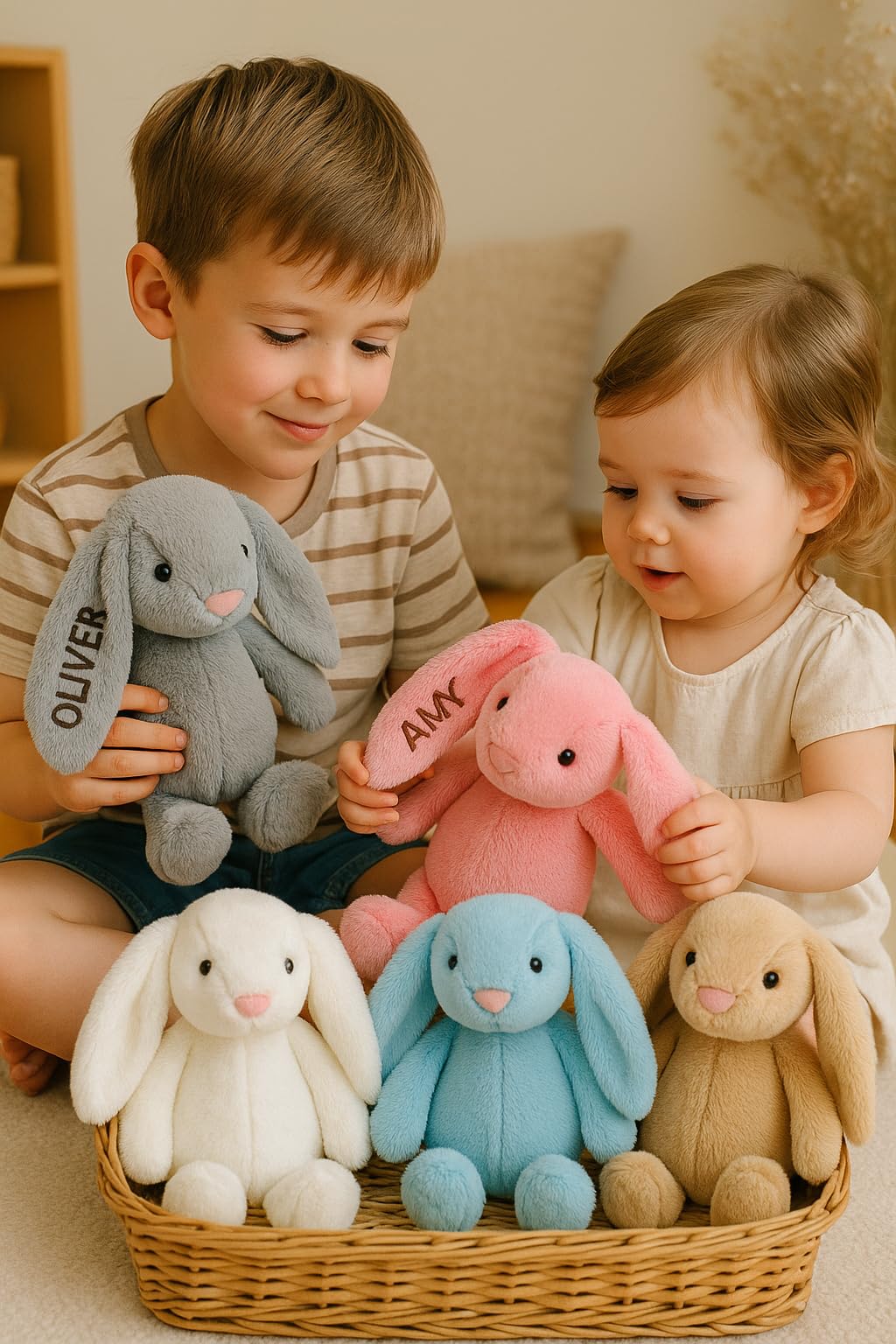 DreamBuy Personalised or Plain Plush Bunny Soft Toy, Grey, White, Pink or Beige, Custom Name Embroidery, Baby Gift for Easter (Blue)