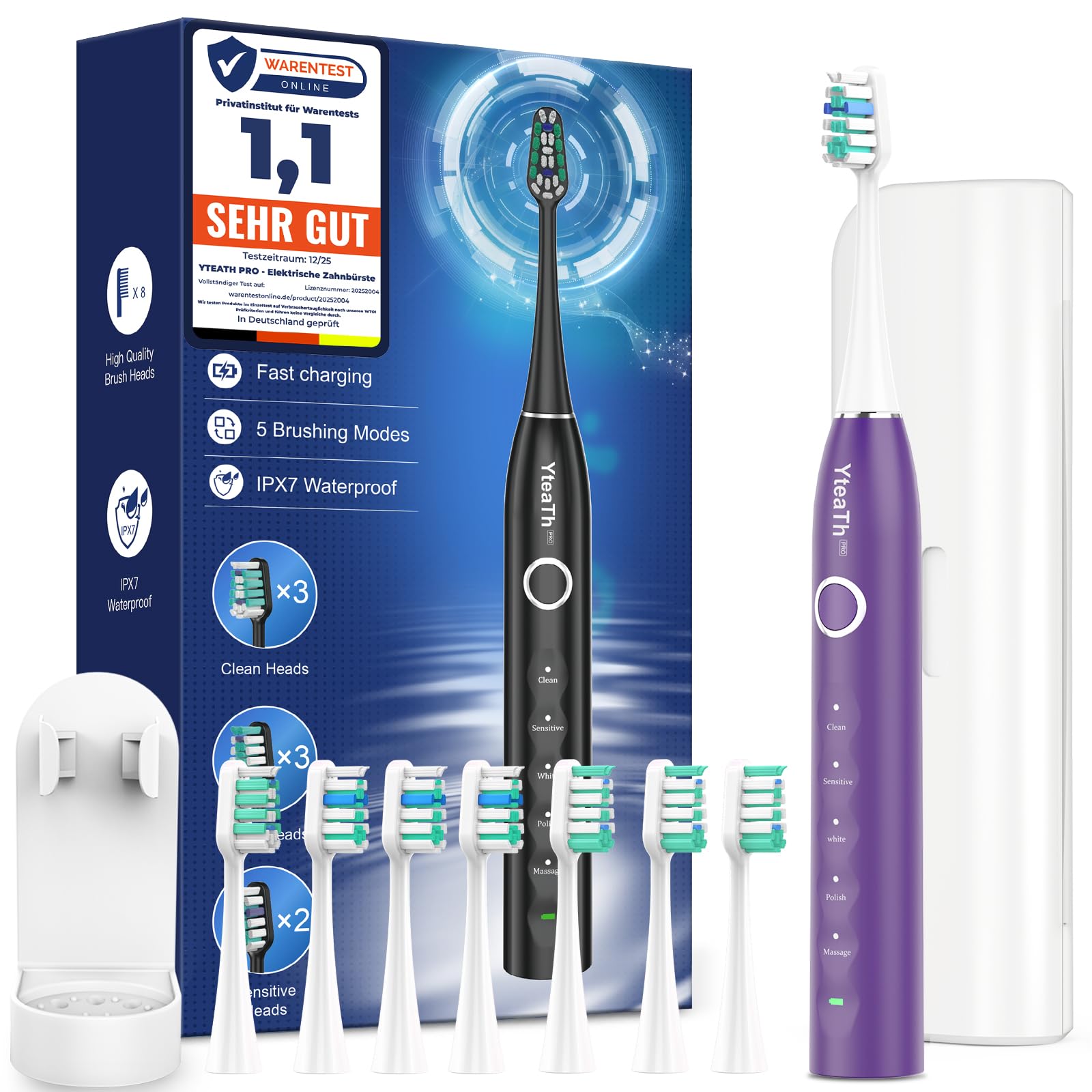 Brosse À Dent Électrique Soniques pour Femme avec 8 Têtes - Brosse A Dent Sonique Adulte avec Étui de Voyage, 5 Modes, Étanche IPX7, Brosse A Dent Electrique de Voyage Rechargeable, Violet Foncé
