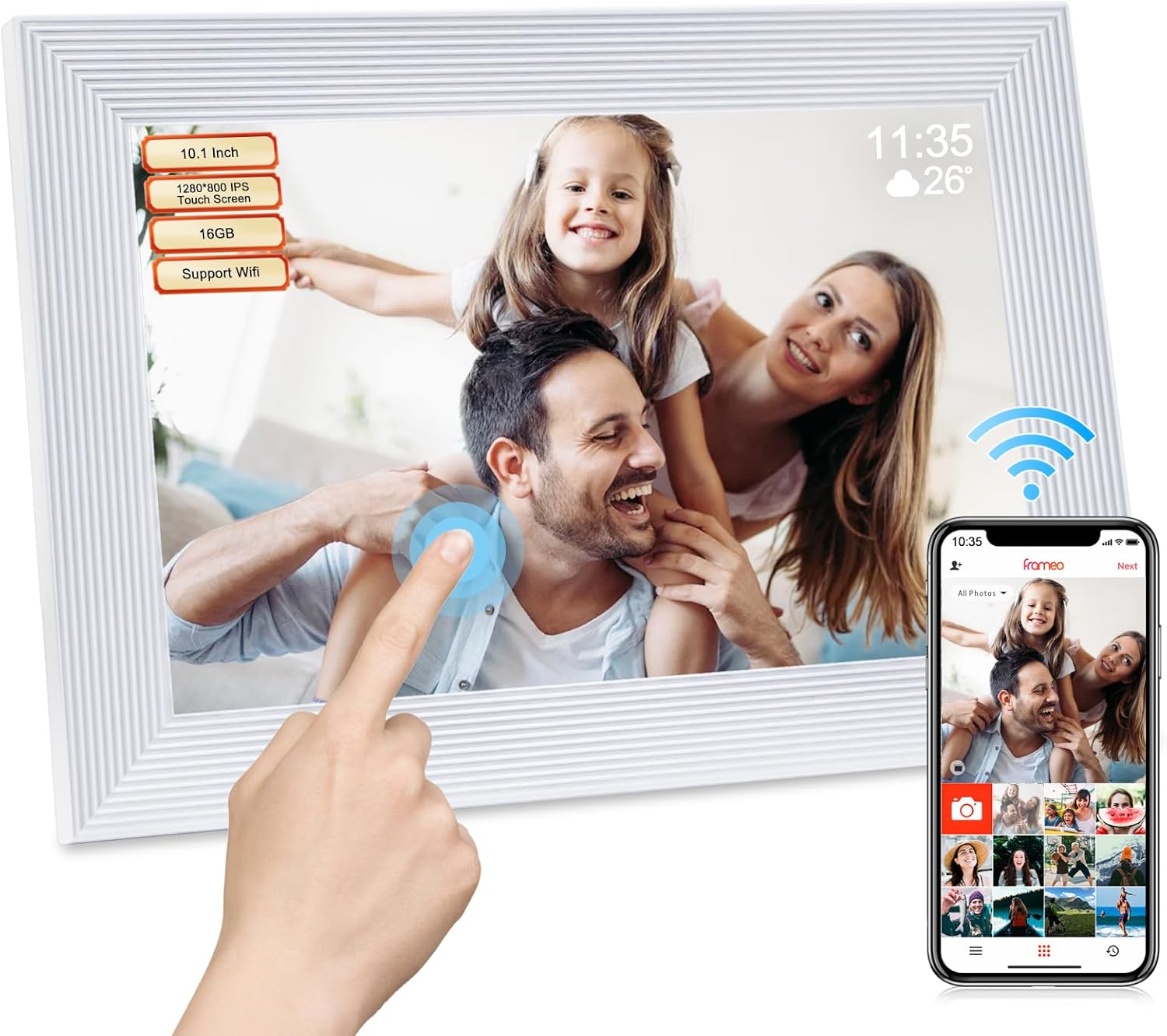 Frameo Digital Picture Frame WiFi -10.1 Inch Digital Photo Frame, 16GB Memory, 1280 * 800 HD Touch Screen, Auto-Rotate, Pictures Videos Instantly, Wedding,Supports SD Card and USB Flash Drive-White White-Supports Wifi