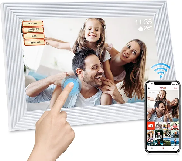 Frameo 10.1 Inch Smart WiFi Digital Photo Frame,Digital Picture Frame with 32GB Storage & SD Slot, Electronic Picture Frame IPS Touch Screen with Auto-Rotate, Frameo Digital Frame WiFi - White