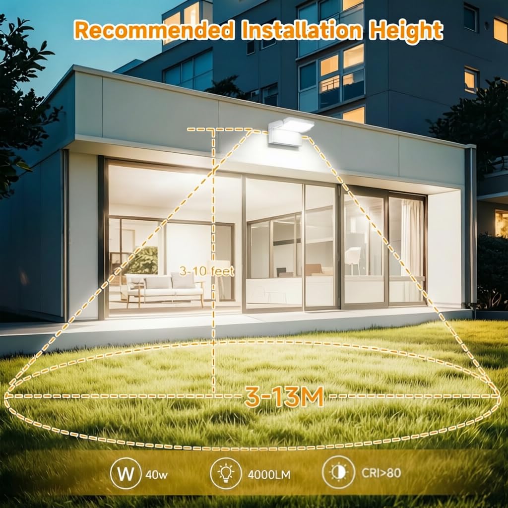 40W Applique da Esterno 4000LM Bianco Lampada da Parete Esterno Angolo regolabile Faretto,Applique Interno 4000K Bianco Naturale,108LEDS,IP65 Impermeabile