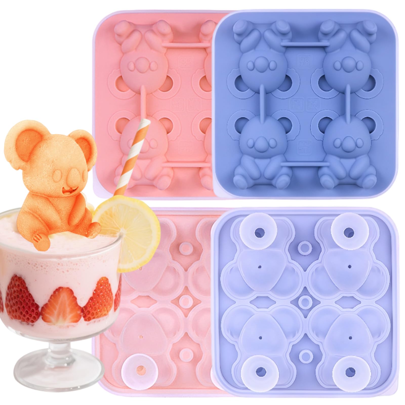 CHSEEO Koala Ice Cube Tray 2x4-Cavity 3D Silicone Moulds with Lid for Freezer, One-Piece Mini Funnel for Easy Water Filling and Demoulding, Whisky Ice Ball Mould for Chocolate Jelly Pudding Molding