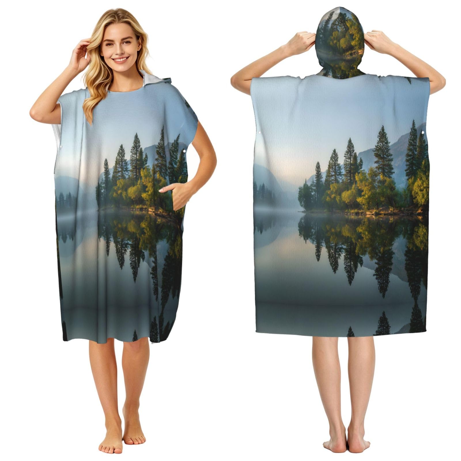 ESNAIUVCD Lake Reflection Print Changing Robe, Hooded Towel Poncho For Swimming Pool, Beach,Quick Dry & Light Weight Towelling Poncho For Adults Women Men