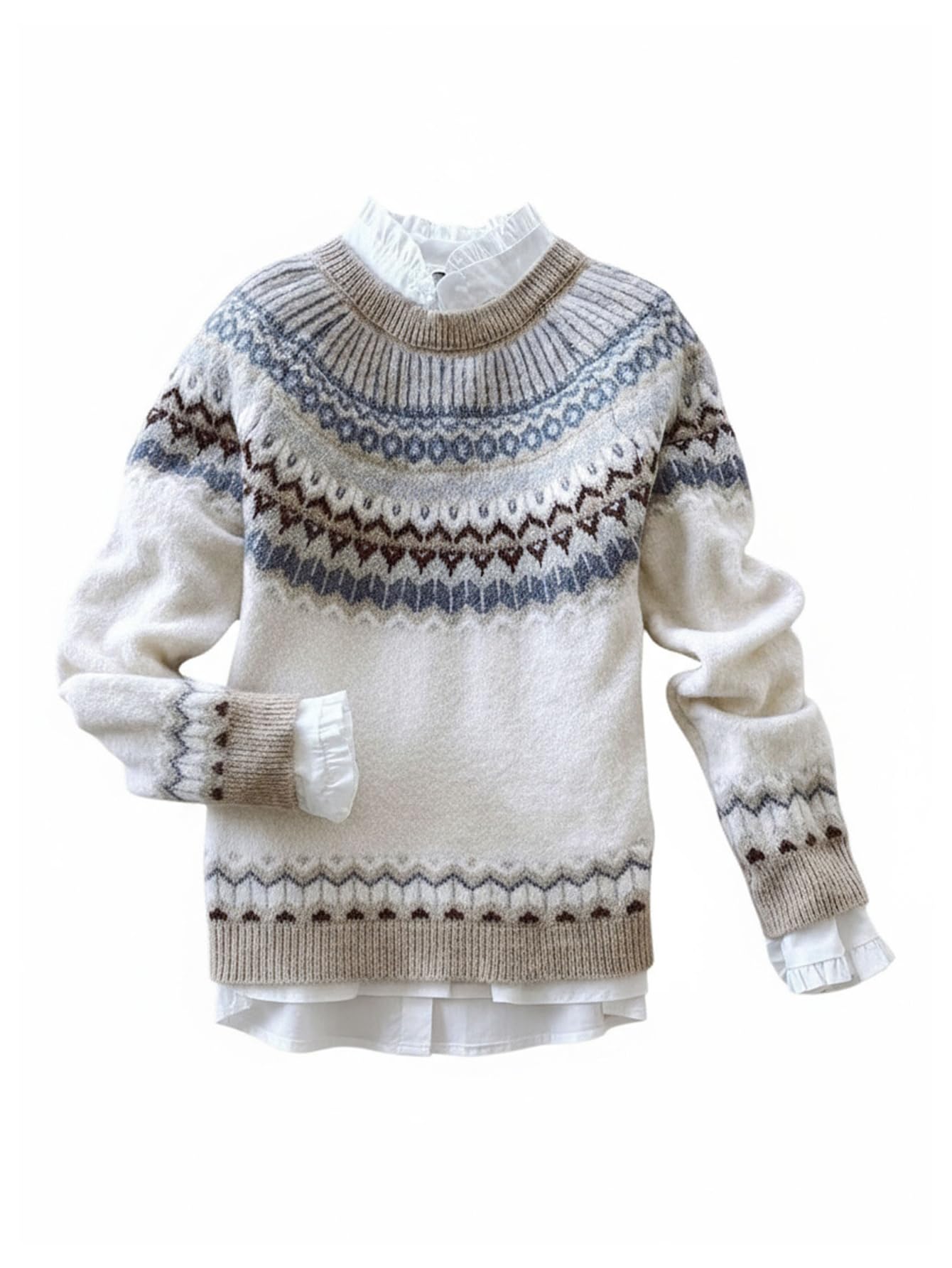 GORGLITTER Womens Fair Isle Sweater Crew Neck Long Sleeve Iceland Norway Sweaters Colorful Pullover Jumper Tops