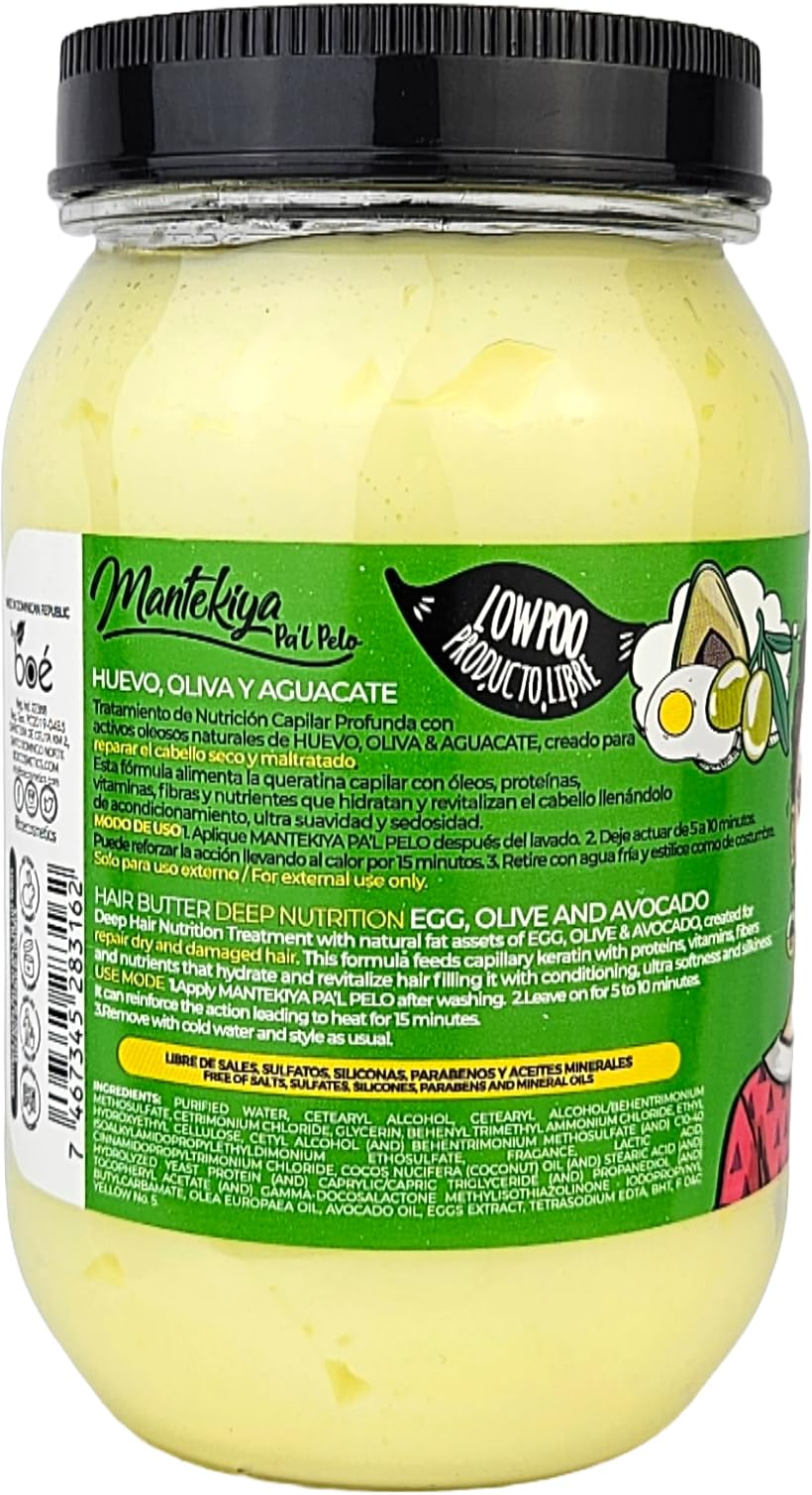 Mantekiya Pa'l Pelo Mantequilla para el cabello, 16 onzas, nutrición profunda para cabello seco y dañado, aceites de huevo, oliva y aguacate, ultra suavidad y reparación