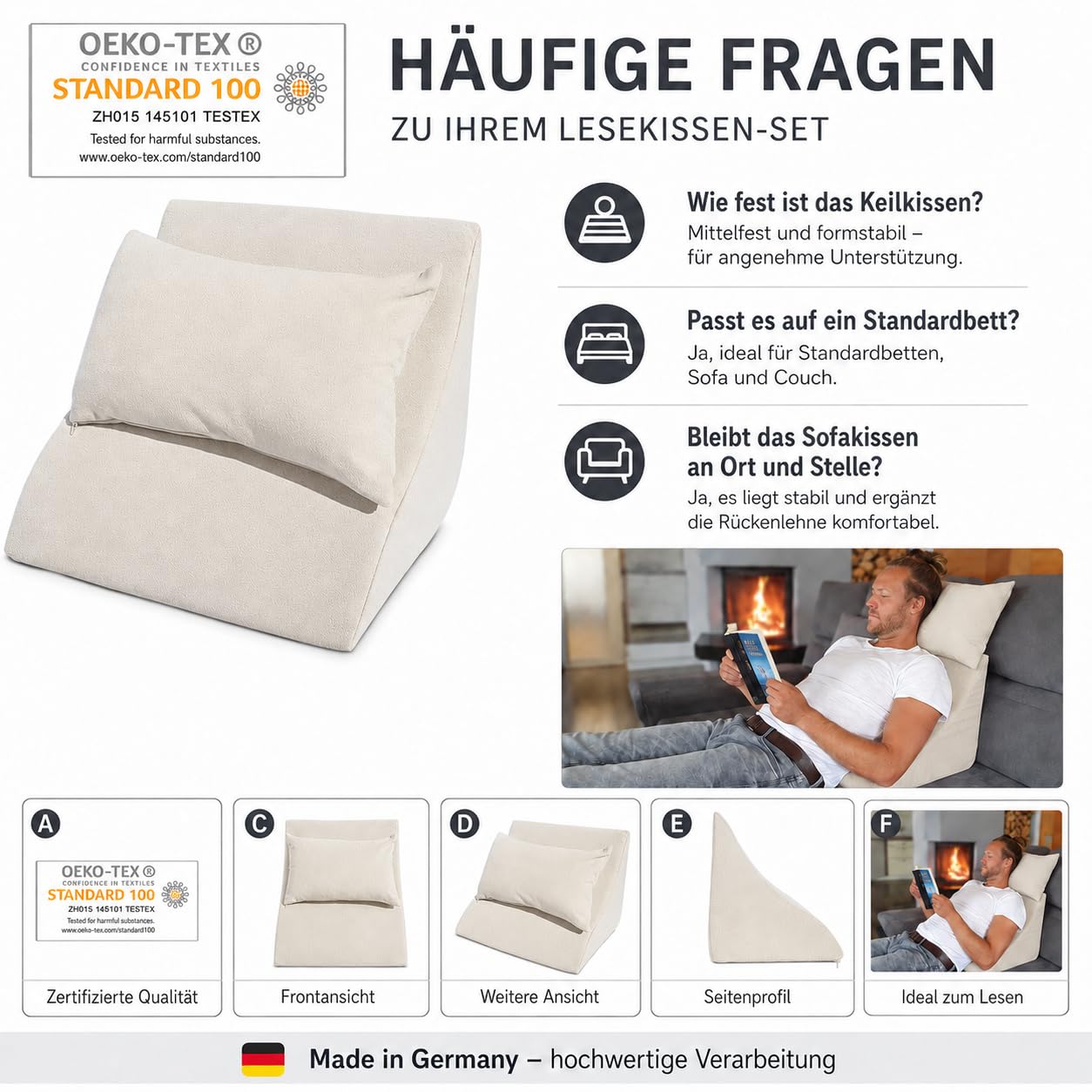 Lesekissen Set Beige | Komfortabel für Bett und Sofa, Ergonomisches Rückenkissen, Inklusive Sofakissen, Made in Germany