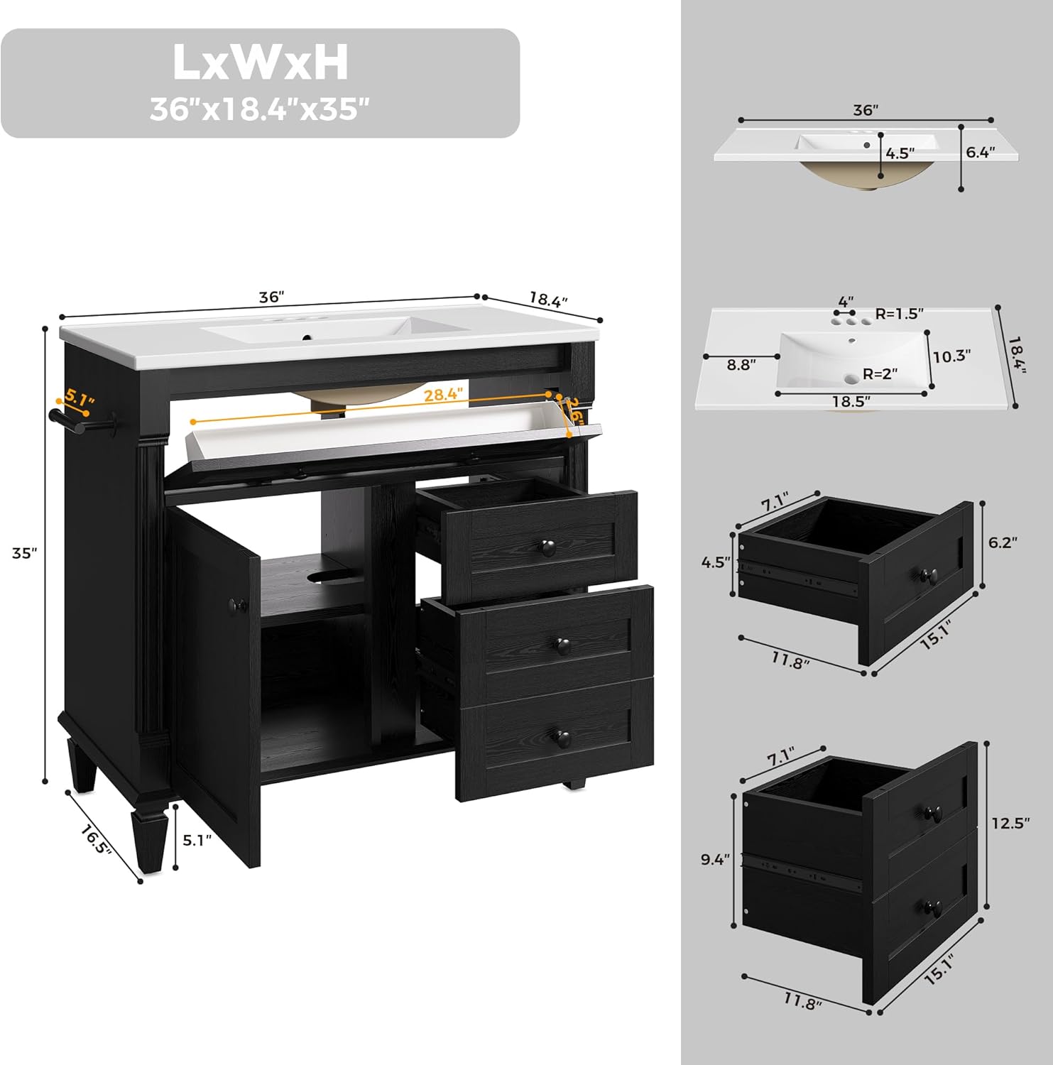 LIKIMIO 36 Inch Bathroom Vanity with Sink, Towel Holder & Adjustable Solid Wood Legs for Uneven Floor, Modern Bathroom Storage Cabinet with Tip-Out Drawer, 2 Drawers & Adjustable Shelf, Black