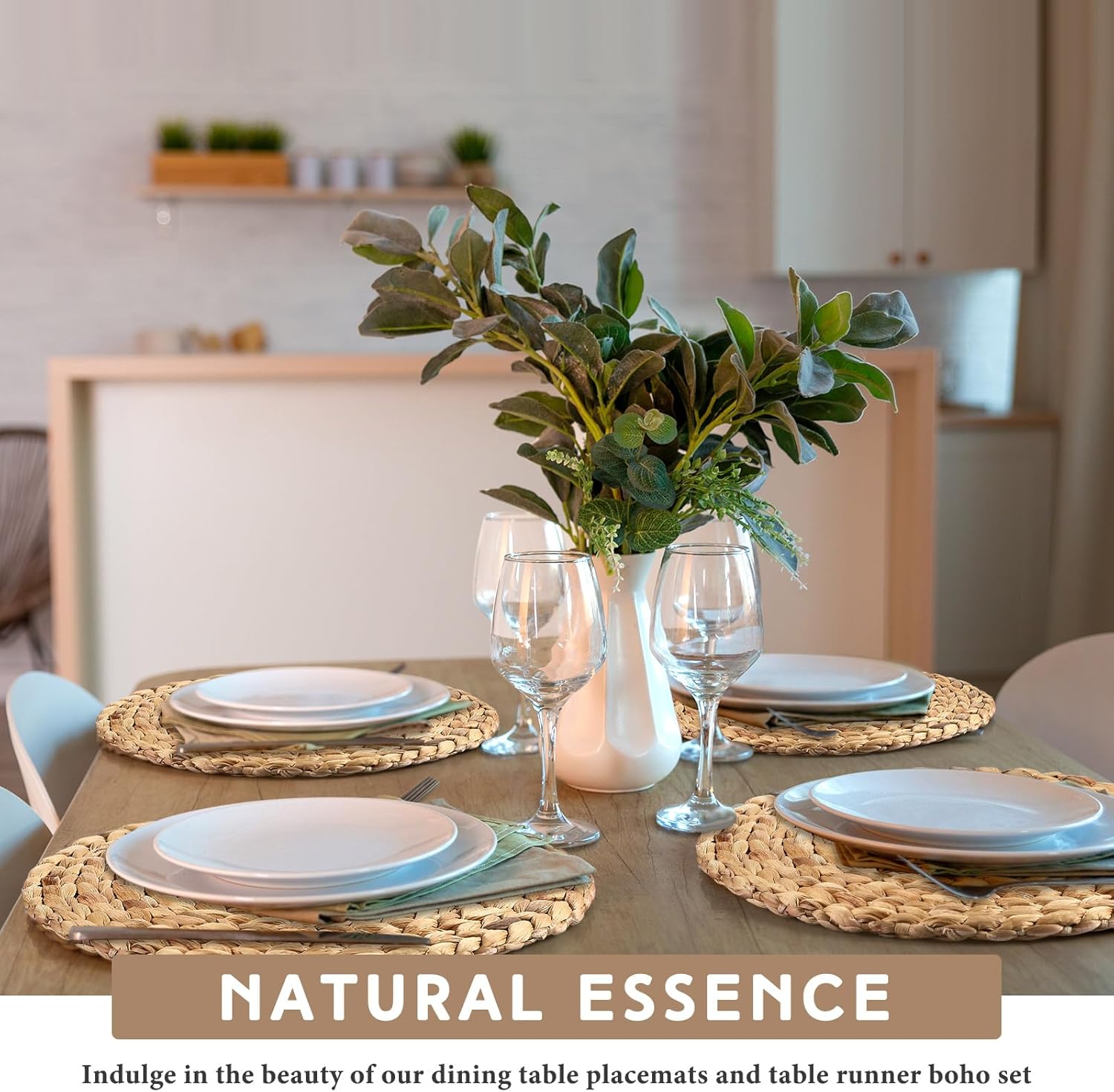 Baderke 7 Pcs Boho Table Runner and Round Placemats Set Table Runner Woven Placemats Braided Water Hyacinth Place Mat Farm Beige Centerpiece for Christmas New Year Dining(12 x 108 Inch)