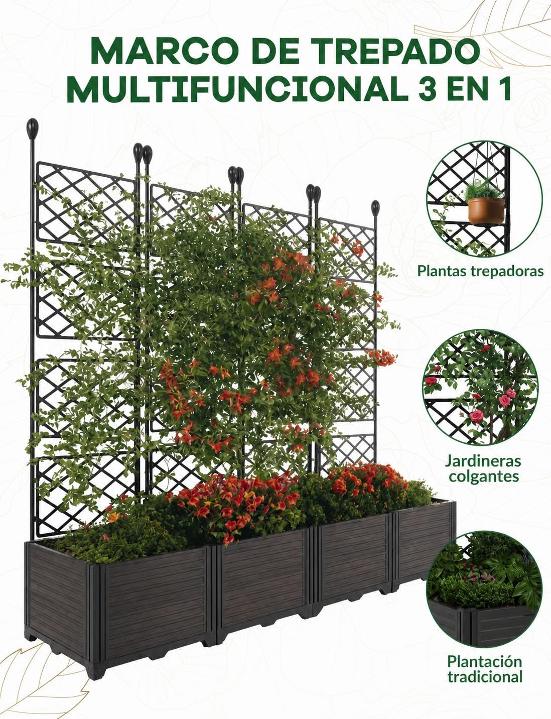 Garvee Cama de Jardín Elevada con Enrejado,4 Módulos,Jardinera Modular de Plástico Resistente,Macetero Profundo para Plantas Trepadoras, Pantalla de Privacidad para Terraza Balcón y Patio,166x41x160cm