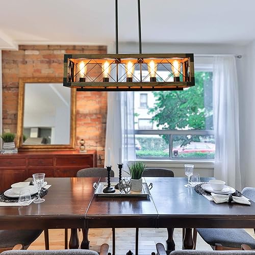 Miniatura 6 de Giluta Lámpara rectangular de madera, estilo granja, comedor, cocina, accesorios de iluminación, 5 luces, colgante de techo, certificación UL