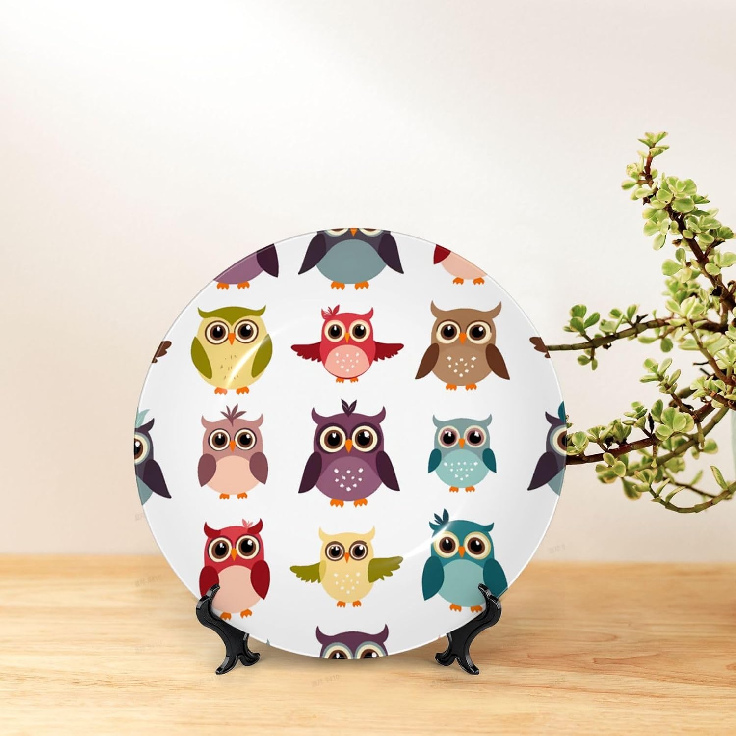 Colorful Cute Owls Style Ceramic Plate Display Decorative Plate With Stand Wall Hanging Plate For Home Decor 10 Inch