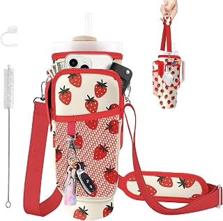 Water Bottle Carrier Bag for Stanley Cup 40/30oz, Neoprene Water Bottle Holder Pouch with 3 Pocket Adjustable Shoulder & Hand Strap