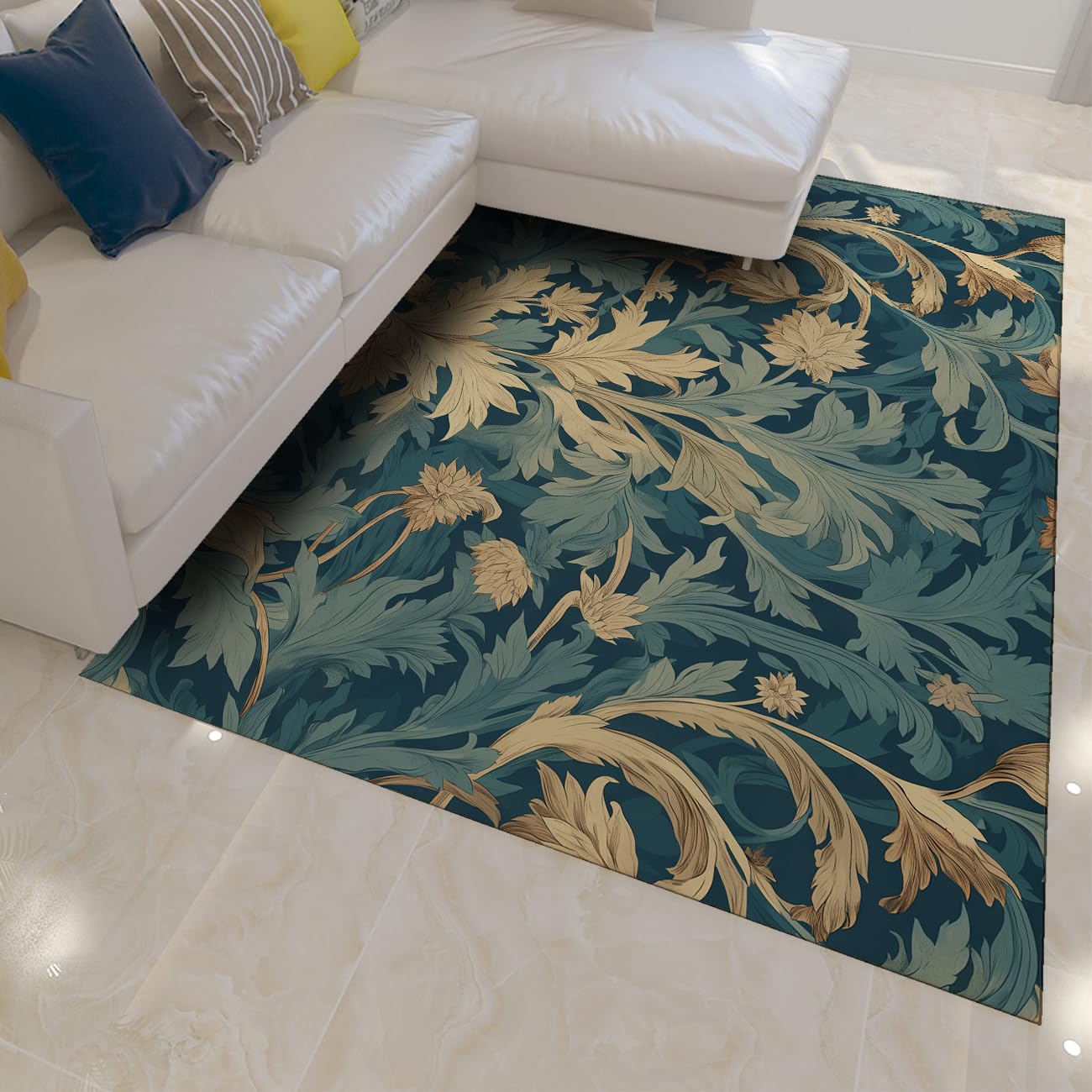 Tappeto 100x150 lavabile Tappetino da nursery vintage blu floreali per soggiorno teal botanico a voluta camera letto Moquette antiscivolo ultrasottile la sala giochi pranzo della