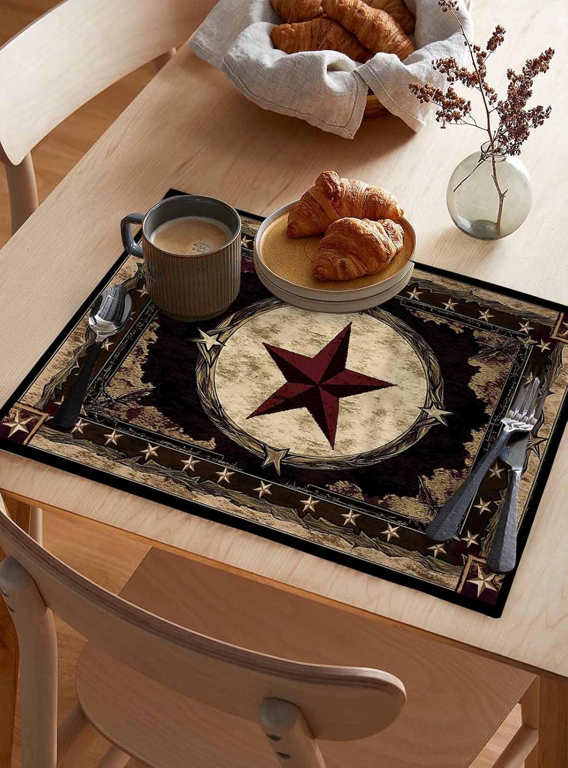 Western Texas Star Placemats for Dining Table Set of 6, Rustic Vintage Place Mats for Kitchen/Dining, Non Slip, Durable, Washable Table Mats 13''x19'' Table Decor, Brown