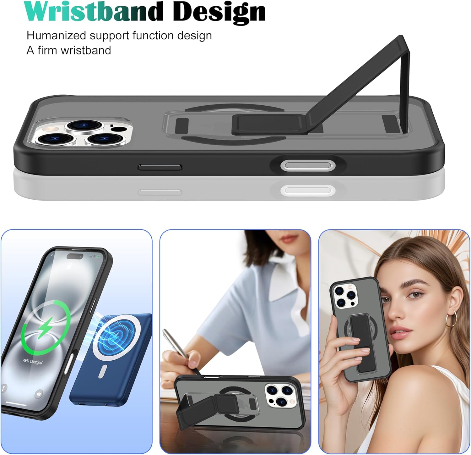 Magnetic Case for iPhone 16 Pro Max, Military Grade Shockproof, Slim Translucent Matte Black Case with Stand Hand Strap, Compatible with MagSafe, Wireless Charging - Image 3