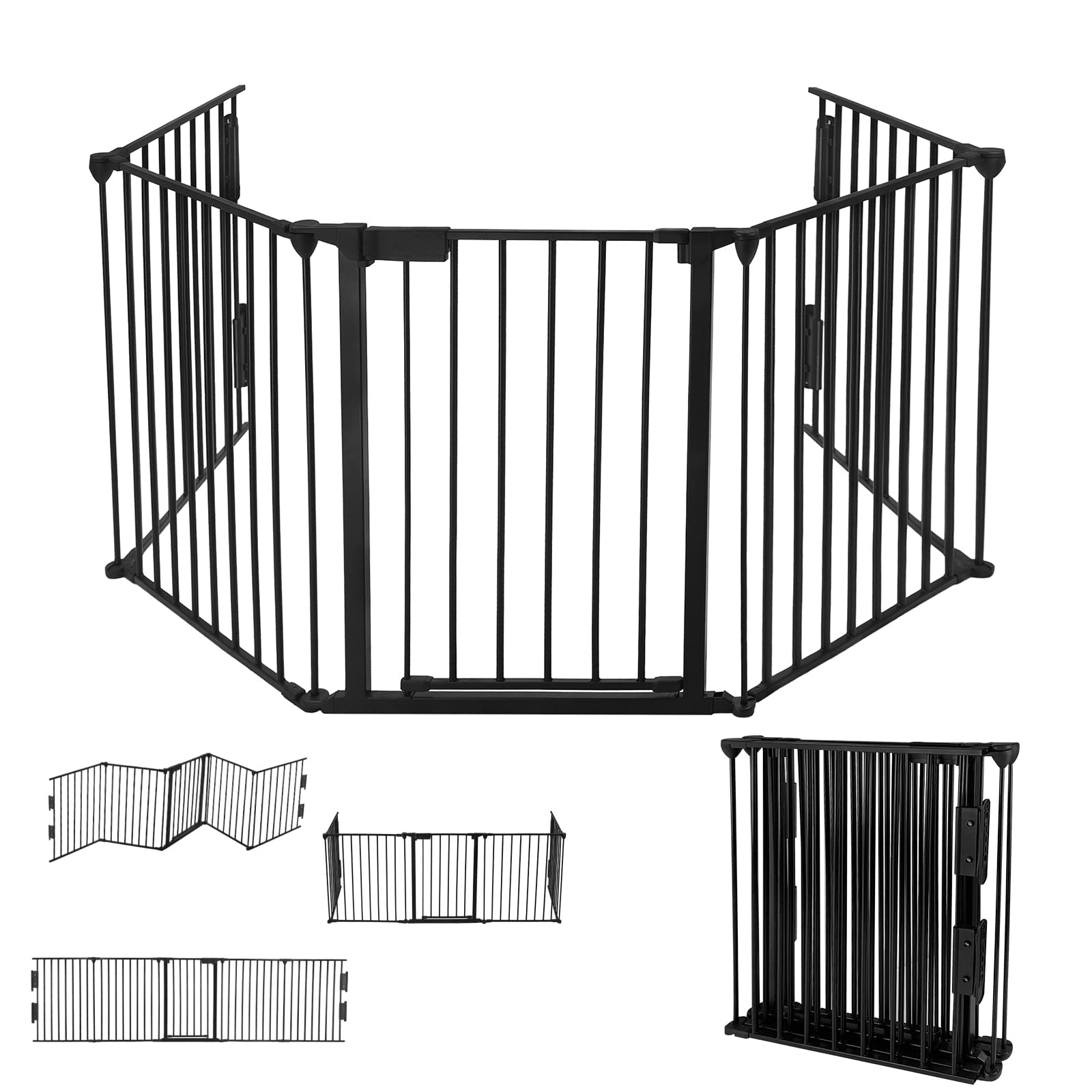 YRHome Rejilla de protección para chimenea plegable de metal con puerta, 300 cm de longitud total, 75 cm de altura, color negro, incluye 5 elementos para seguridad infantil