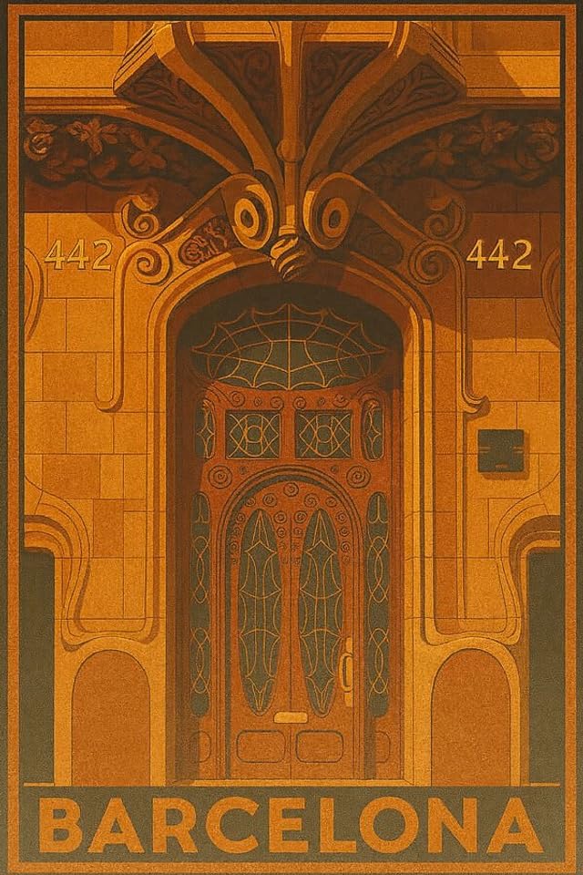 Póster vintage de Barcelona con puerta Art Nouveau, lámina decorativa de viaje retro