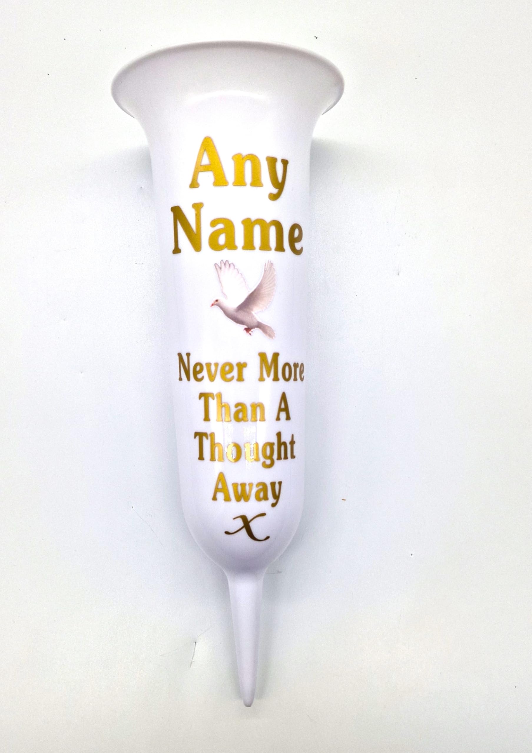 Personalised Memorial Garden Vase, Glossy Finish with Dove Design, Customisable Name, Cemetery Graveside Decoration with Flower Separator (White and Gold)