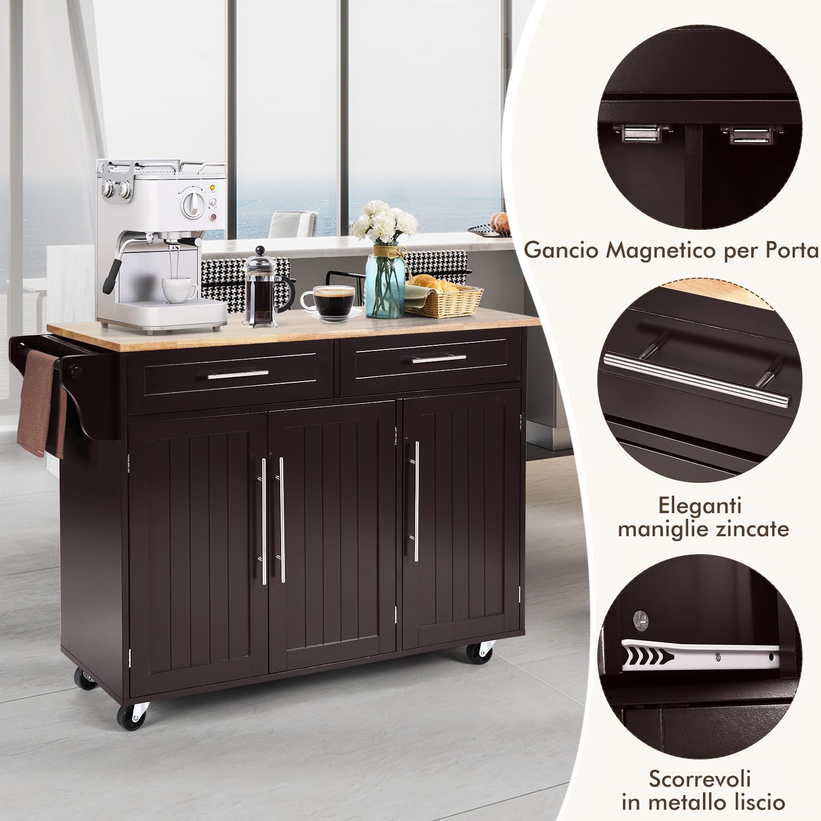 COSTWAY Carrello da Cucina, Carrello di Servizio con Ruote e Maniglia, 3 Ante e 2 Cassetti, Ideale per Cucina Ristorante Bar, 122x46x92,3 cm (Marrone)