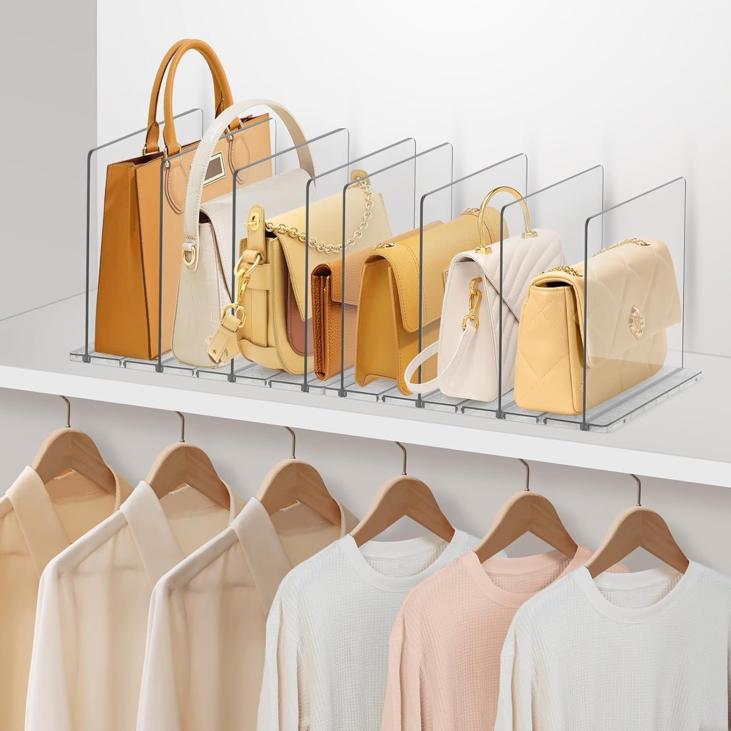 DoubleCare Adjustable Purse Organizer for Closet, Clear Handbag Storage for Closets,Shelf Dividers for Wardrobe, Purse Holder, Bookshelf for Bedroom, Office,8LAYER
