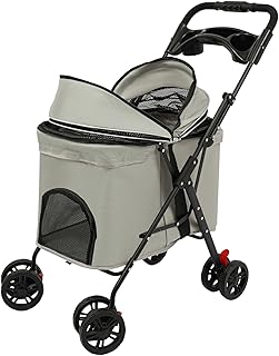 Carrito para perros plegable con 12.5kg hasta,Cochecito Plegable Mascotas Carrito con 360° ruedas delanteras,doble freno trasero,soporte extraíble para bebidas y hebillas de seguridad dobles,gris