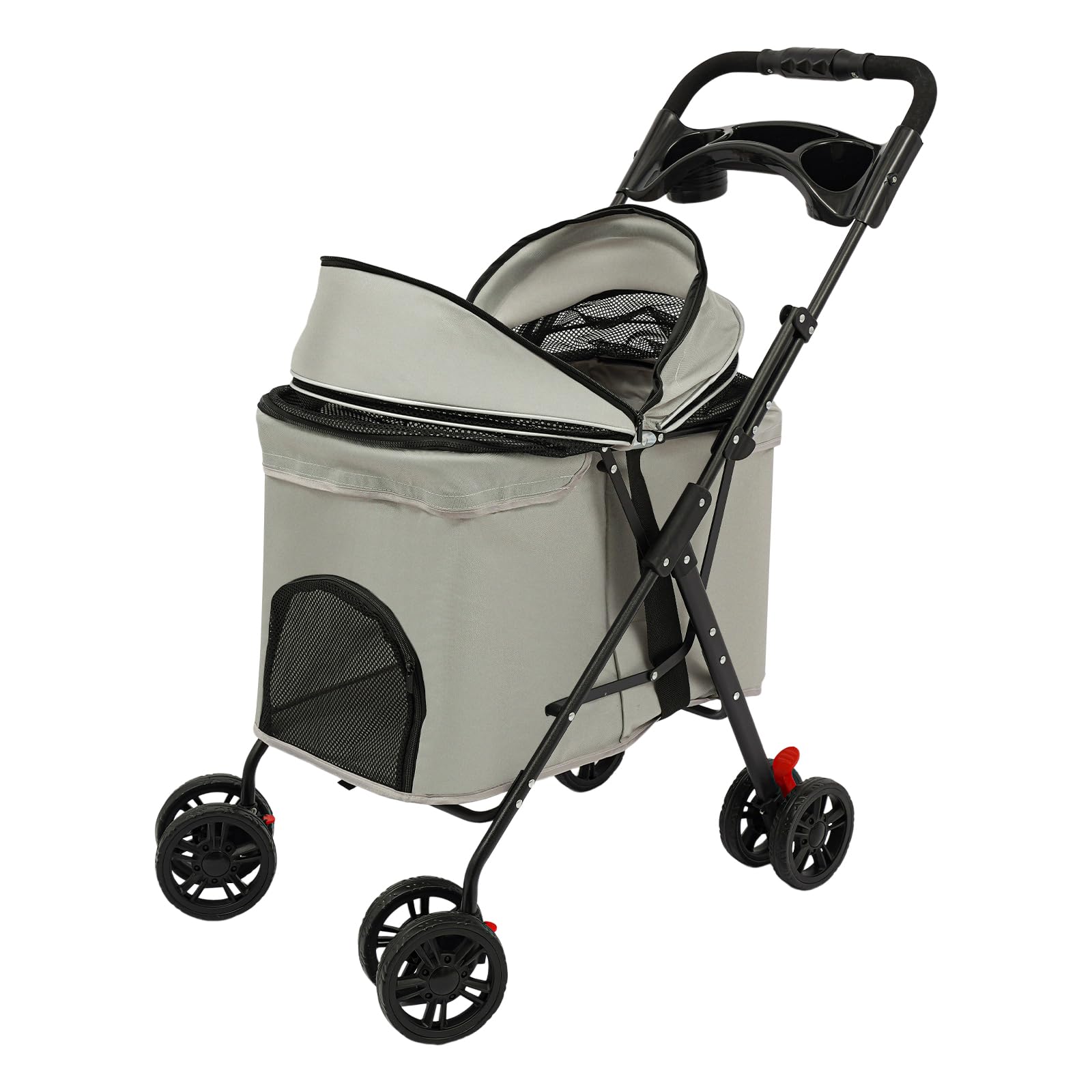 Passeggino pieghevole per cani e gatti fino a 12.5kg,Passeggino per animali domestici con 360° ruote,doppio freno posteriore,Carrello per cani con portabibite e doppie fibbie di sicurezza,grigio