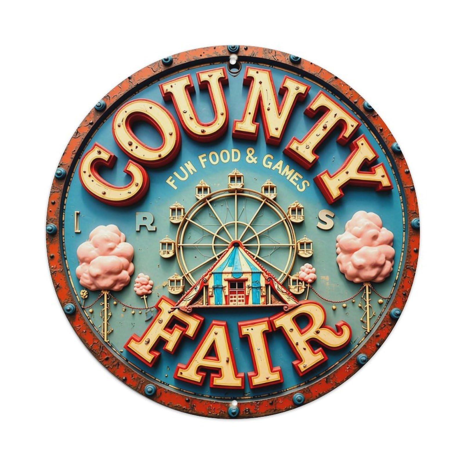Jdyaojiesheng Vintage County Fair Fun Food Games Round Tin Sign Retro Metal Wall Decor Metal Poster, Home Bar Garage Farmhouse Cafe Wall Art Decoration 8X8inch