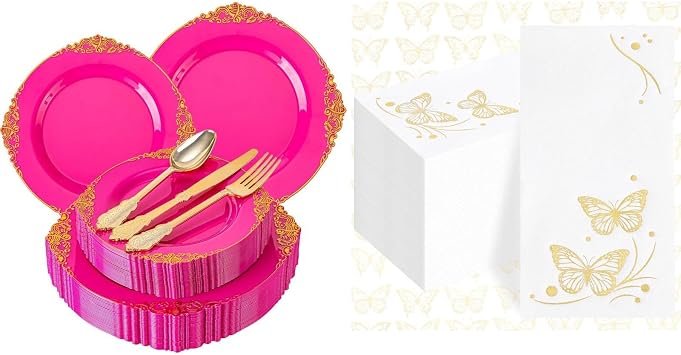 125PCS Hot Pink Plastic Plates - Pink Disposable Plate and 50 Pack Gold Butterfly Napkins - White and Gold Paper Napkins
