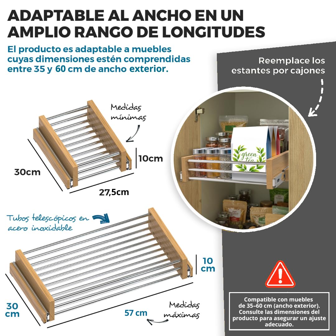 Genérico Cajón Extraíble Regulable para Muebles Altos Cocina Bandeja Telescópica Ajustable 27 5-57 cm Organizador Deslizante Armario con Guías Extracción Total Acero Inoxidable Madera