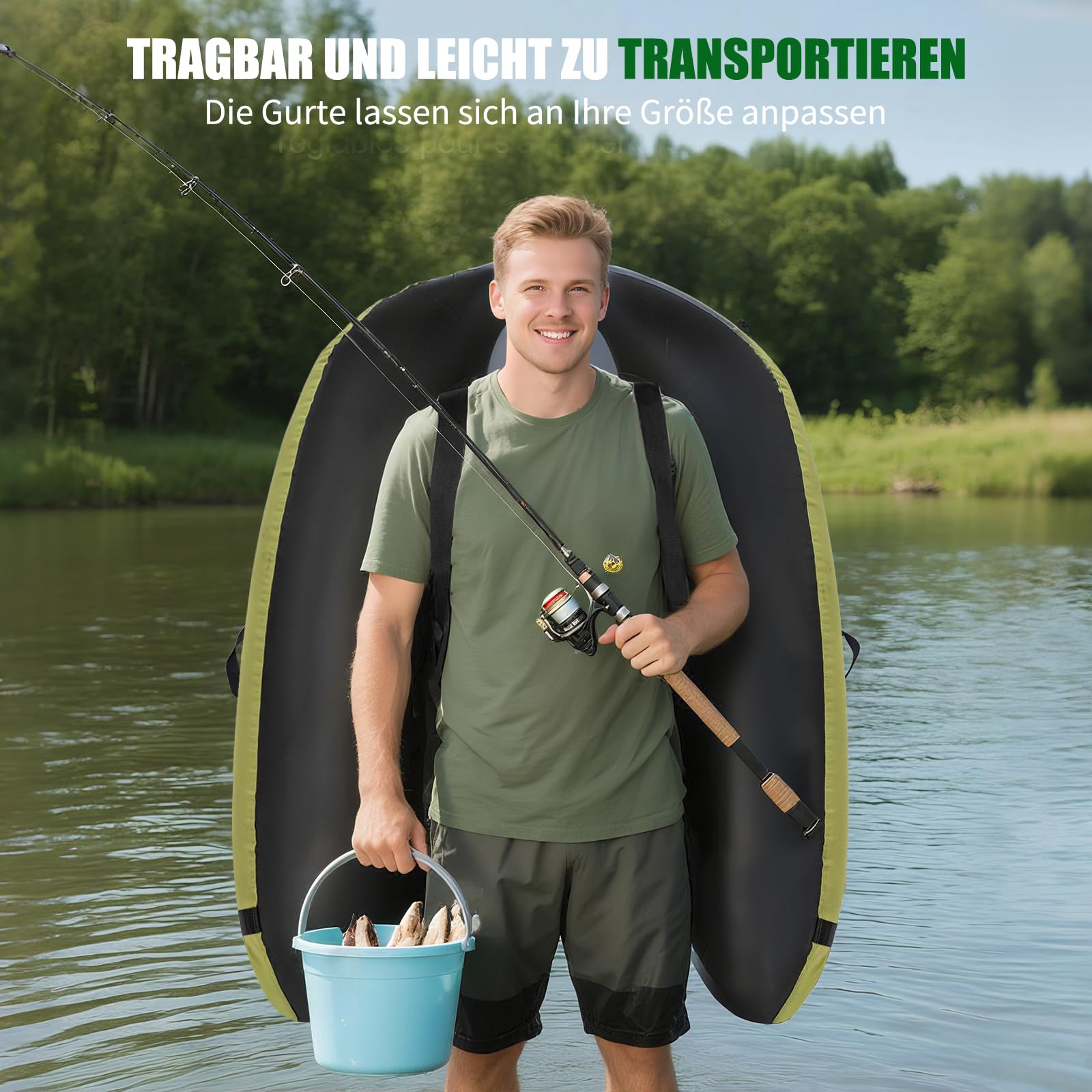 LEADZM Aufblasbares Schlauchboot, Angelboot mit Pumpe, Fischerboot mit Angelrutenhalter, Verstellbaren Gurten, Aufbewahrungstasche, Tragkraft 150 kg