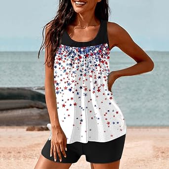 4th of July Swimsuits for Women American Flag Print Modest Two Piece Bathing Suit Bikini Tank Top with Boyshorts Set
