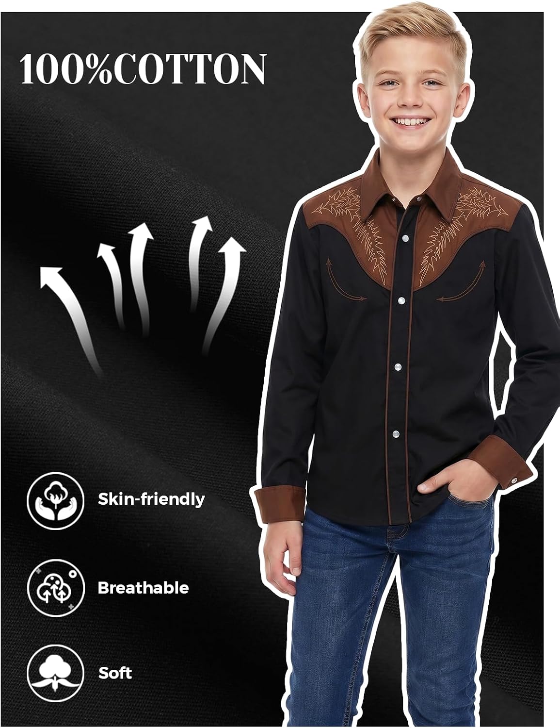 Spring&Gege Boys Western Shirt Embroidered Pearl Snap Button Down Cowboy Long Sleeve Shirts