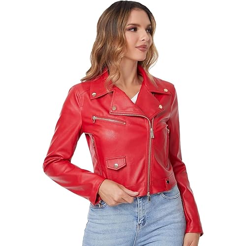 DIASHINY Faux Leather Jacket For Women Crop Short Cropped PU Slim Zip Up Moto Biker Coat Motorcycle Jackets