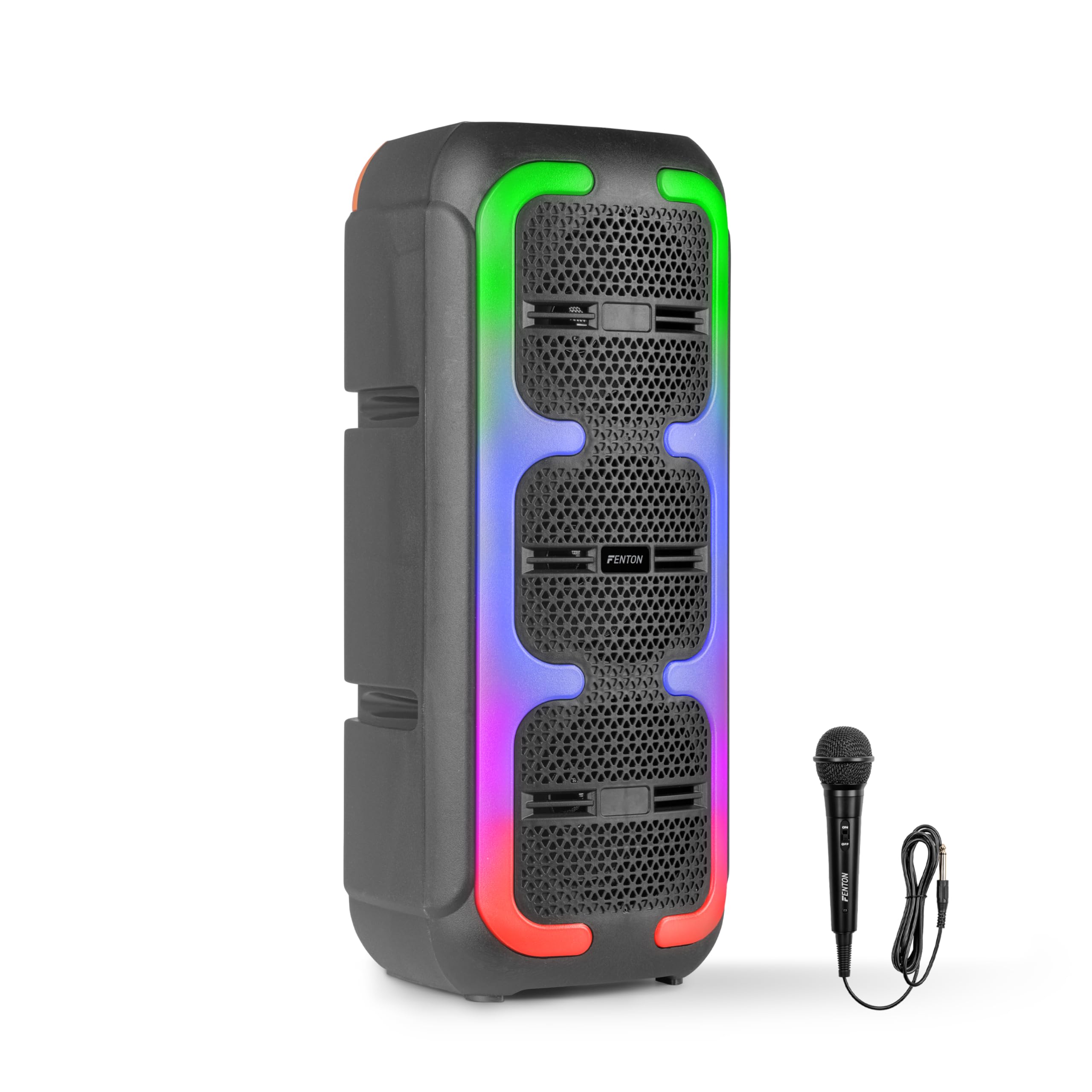 Fenton Track310 Portable Bluetooth Speaker 120 W with Wired Microphone, Rechargeable Battery, LED Lights, USB, MicroSD, Powerful Portable Speaker, Karaoke Machine, Stereo Pairing Mode, Black